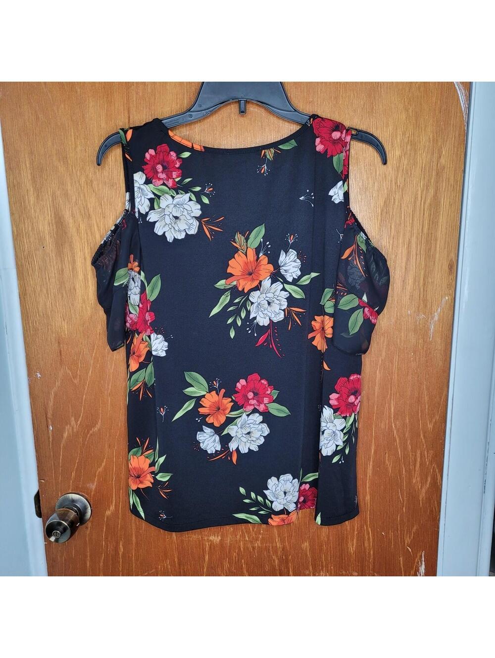 Perseption Concept Navy Floral Cold Shoulder Top Large Strappy Sleeve Tie Neck - Picture 2 of 8